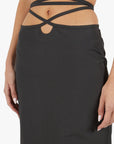 Lost Labels black maxi skirt featuring a unique crisscross cutout waist detail and a sleek, minimalist silhouette.