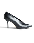 Lost Labels black leather Celine heels with a pointed toe and deep V-cut vamp in a classic stiletto silhouette.