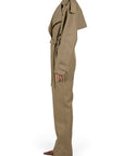 Lost Labels Bottega Veneta khaki polyester jumpsuit with trench-style collar and belted waist, side view