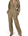 Lost Labels Bottega Veneta khaki polyester jumpsuit with trench-style lapels and a belted waist on a model