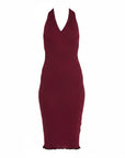 Lost Labels Bottega Veneta burgundy ribbed halter-neck midi dress with a fitted silhouette and lettuce-edge hem.