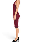 Lost Labels Bottega Veneta burgundy ribbed halter-neck midi dress with a lettuce-edge hem on a model side view