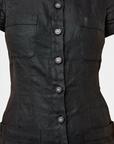 Lost Labels black linen Chanel midi dress featuring a button-down front with signature CC logo buttons and pockets.