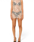 Lost Labels Dolce & Gabbana beige lace mini dress with intricate floral patterns and black undergarments