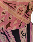 Lost Labels vintage Emilio Pucci silk top featuring a vibrant pink, brown, and black geometric heritage print