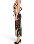 Lost Labels Johanna Ortiz midi dress with striped palm tree print, sequin details, cut-out waist, and tassel ties.