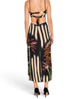 Back view of a Lost Labels Johanna Ortiz midi dress featuring a striped palm tree print, cut-out waist, and sequins.
