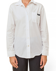 Lost Labels Miu Miu white button-down blouse with a chest pocket and black logo patch, worn by a model.