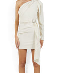 Lost Labels off-white one-shoulder mini dress with crystal-embellished rings, long sleeve, and ruched waist detail.