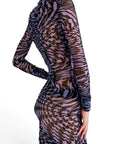 Lost Labels Thierry Mugler purple and black star print long-sleeve sculptural mesh dress on a model