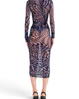Lost Labels Thierry Mugler purple and black abstract print sheer midi dress with long sleeves, back view