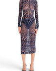 Lost Labels Thierry Mugler purple sheer long-sleeve midi dress with abstract geometric print and sculptural fit.