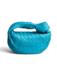 Lost Labels Bottega Veneta Mini Jodie handbag in vibrant turquoise woven lambskin leather with a knotted handle.
