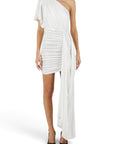Lost Labels white one-shoulder mini dress with ruched detailing and a flowing side drape on a model
