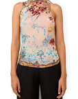 Lost Labels Plein Sud multicolor floral print sleeveless top with a draped halter neckline on a model