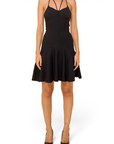 Lost Labels Alexander McQueen black halter A-line dress with a sculptural bodice and flared skirt on a model