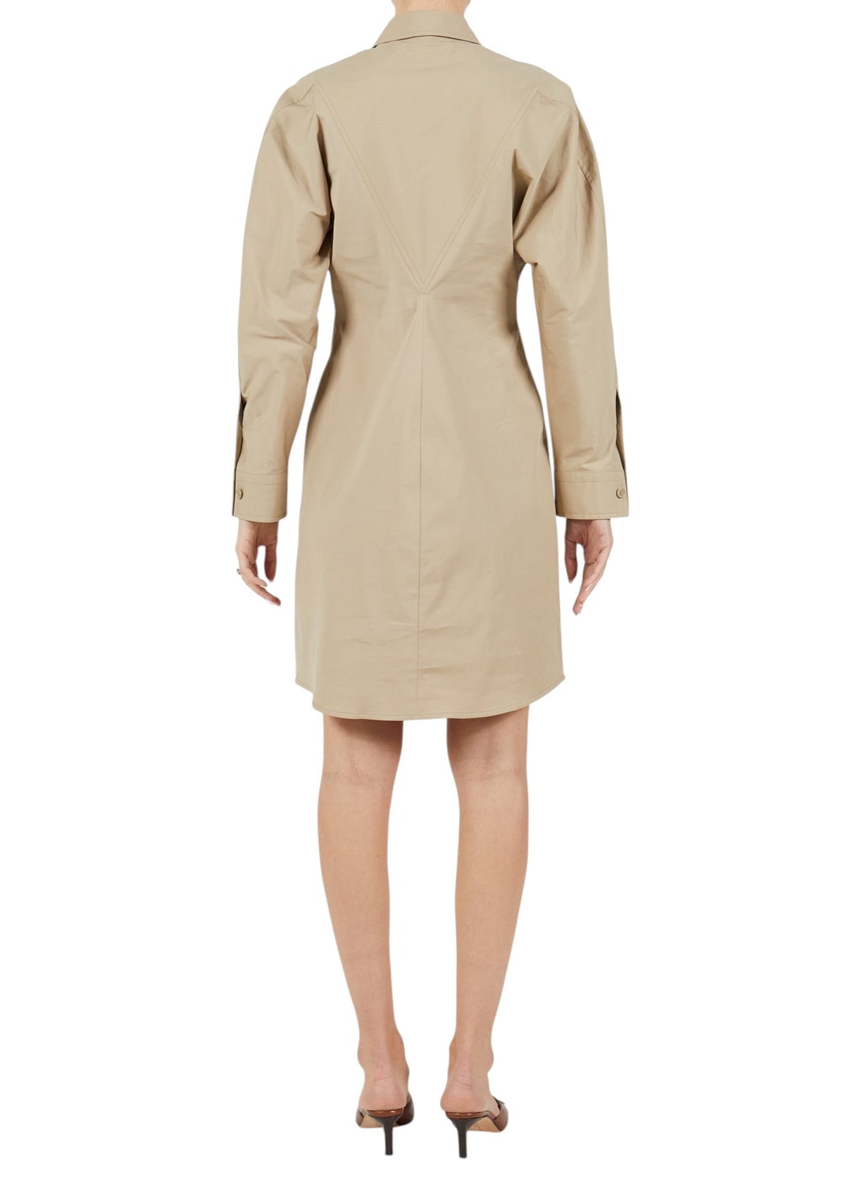 Back view of a Lost Labels Bottega Veneta beige long sleeve shirt dress with architectural seaming and button cuffs.