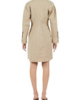 Back view of a Lost Labels Bottega Veneta beige long sleeve shirt dress with architectural seaming and button cuffs.