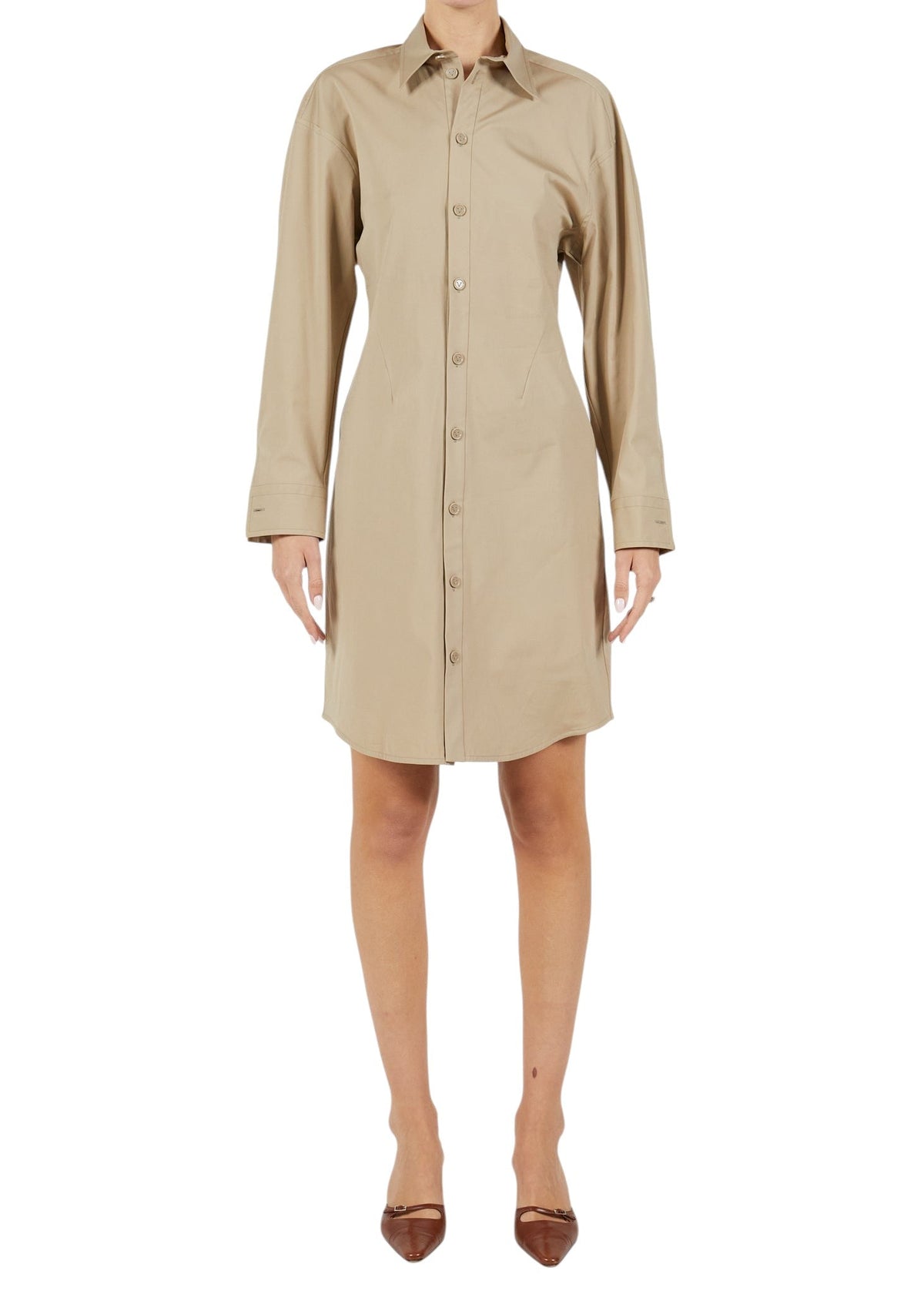 Lost Labels beige long sleeve button down shirt dress with architectural waist seaming and a crisp collar