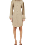 Lost Labels beige long sleeve button down shirt dress with architectural waist seaming and a crisp collar