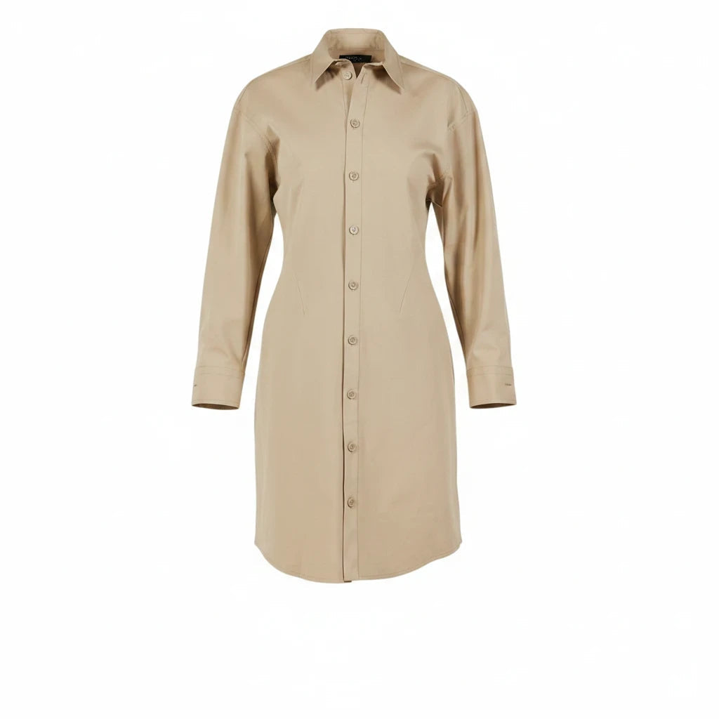 Lost Labels beige long sleeve button down shirt dress with architectural waist seaming and a classic collar