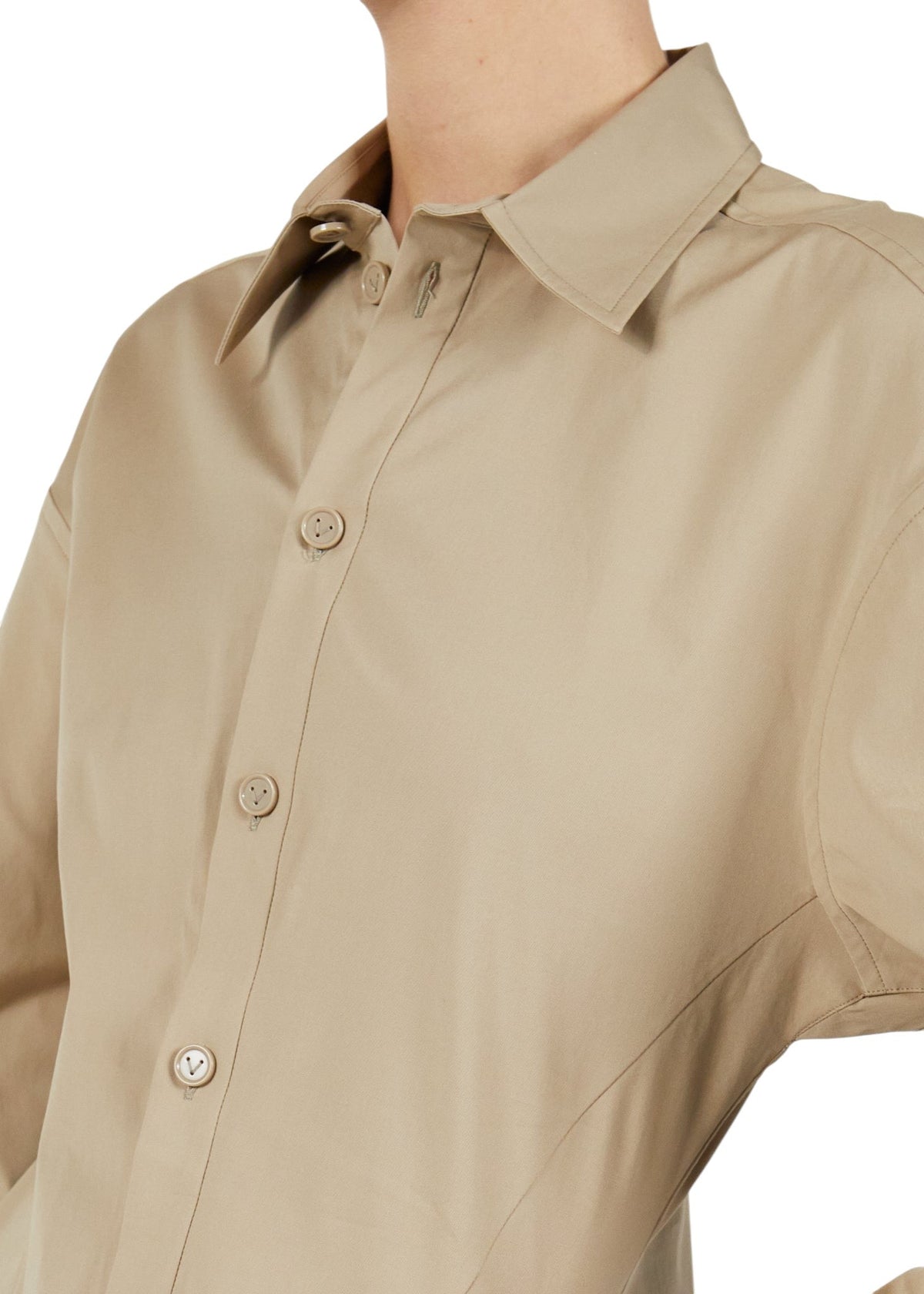 Lost Labels beige long sleeve button down shirt dress with a sharp collar and structured tailoring