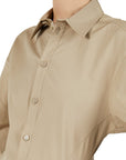 Lost Labels beige long sleeve button down shirt dress with a sharp collar and structured tailoring