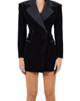 Lost Labels black blazer dress featuring a double-breasted design, satin lapels, and subtle rhinestone embellishments.