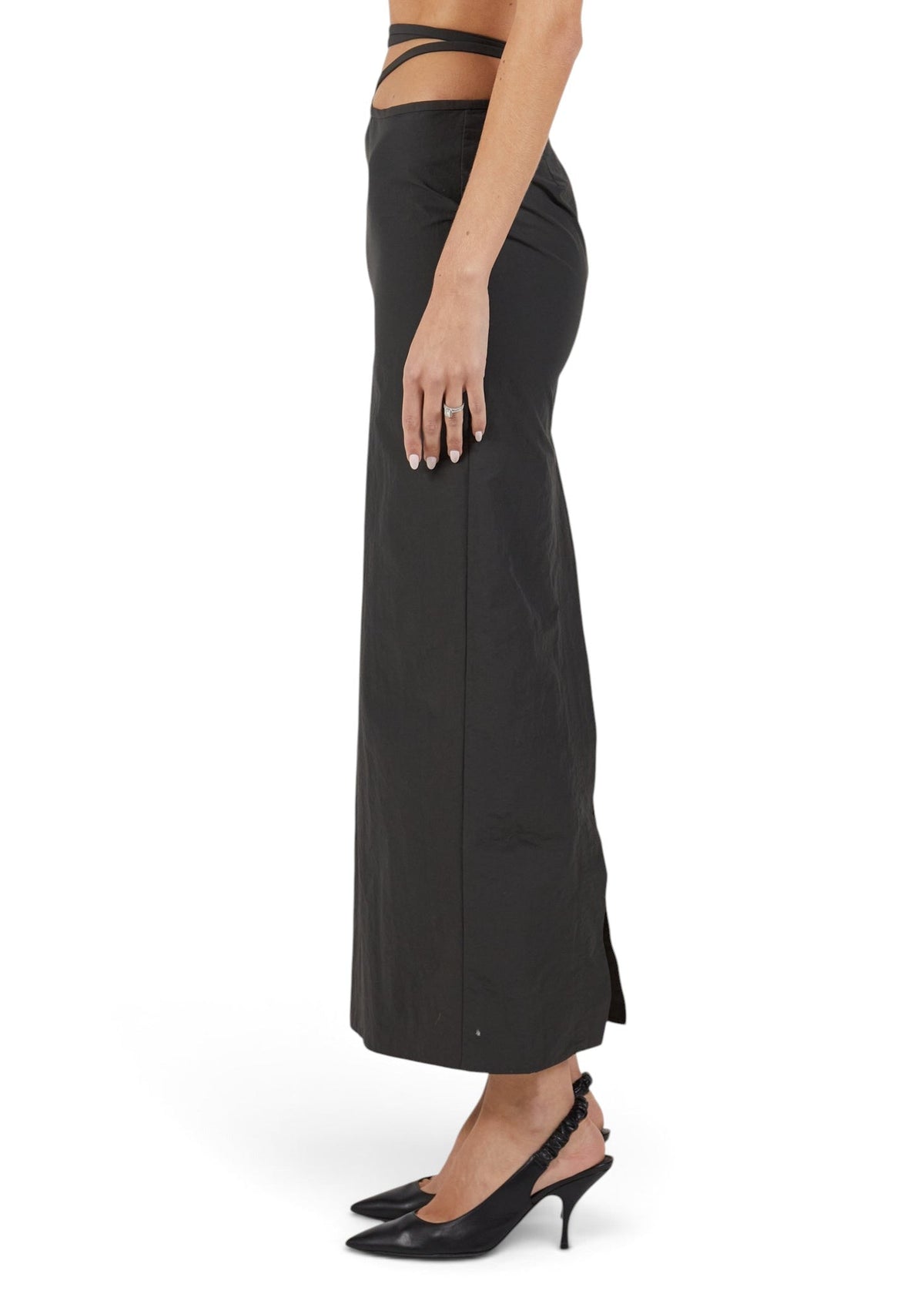 Lost Labels black Christopher Esber maxi skirt with architectural crisscross waist cut-out detail, side view