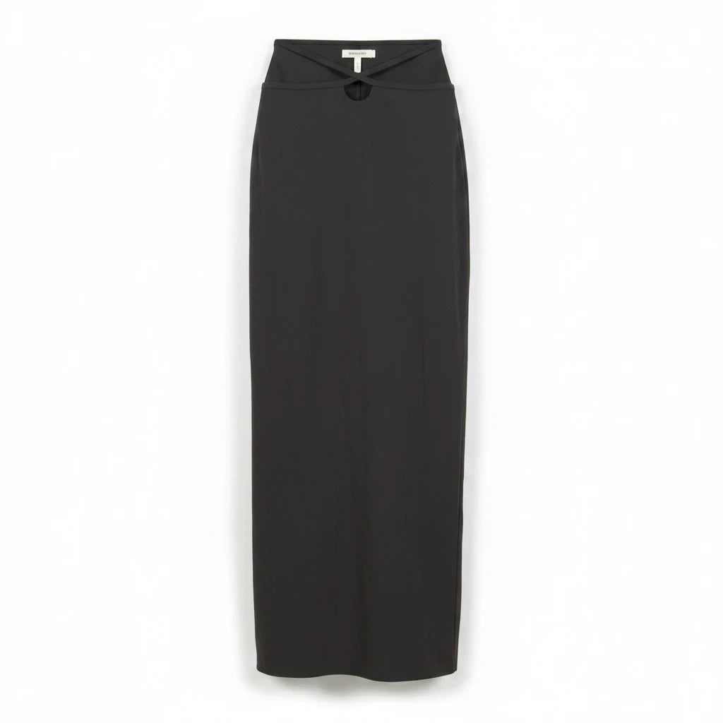 Lost Labels black maxi skirt featuring a sophisticated architectural crisscross cutout waist detail.