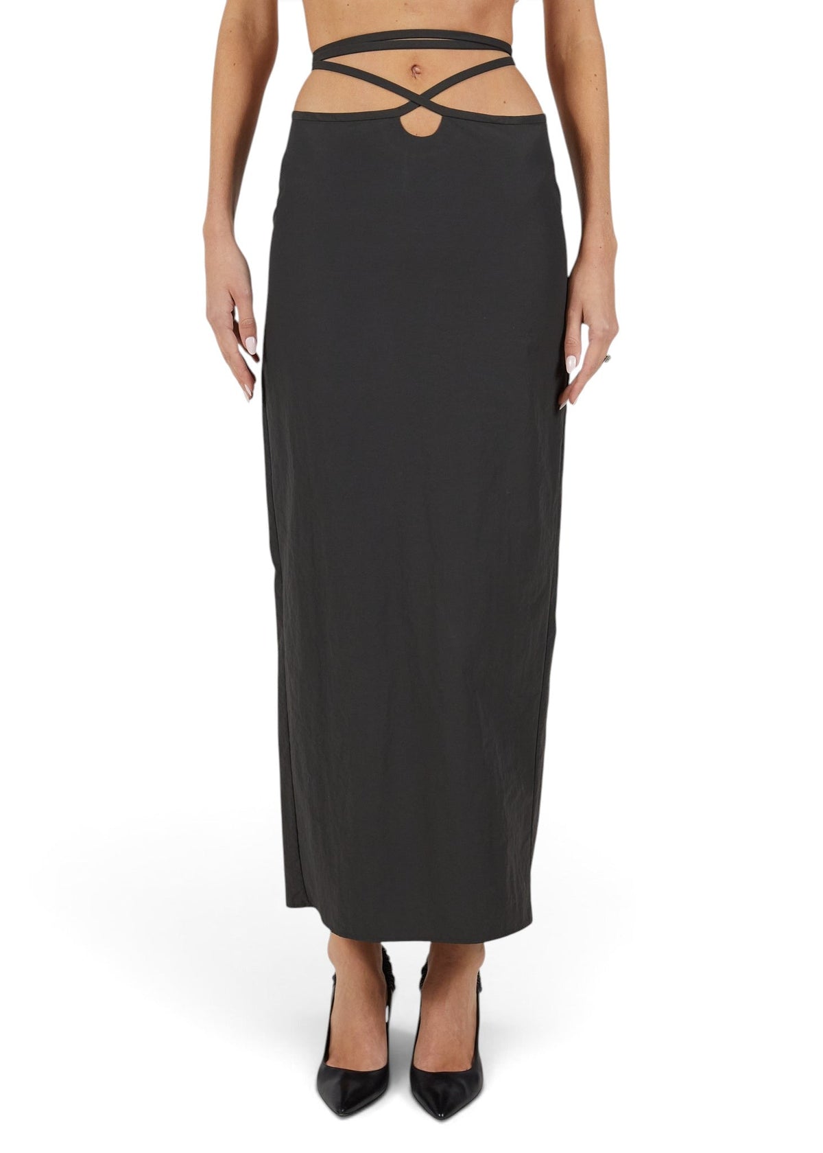 Lost Labels black maxi skirt featuring a unique crisscross cutout waist detail and a sleek floor-length silhouette.