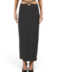 Lost Labels black maxi skirt featuring a unique crisscross cutout waist detail and a sleek floor-length silhouette.