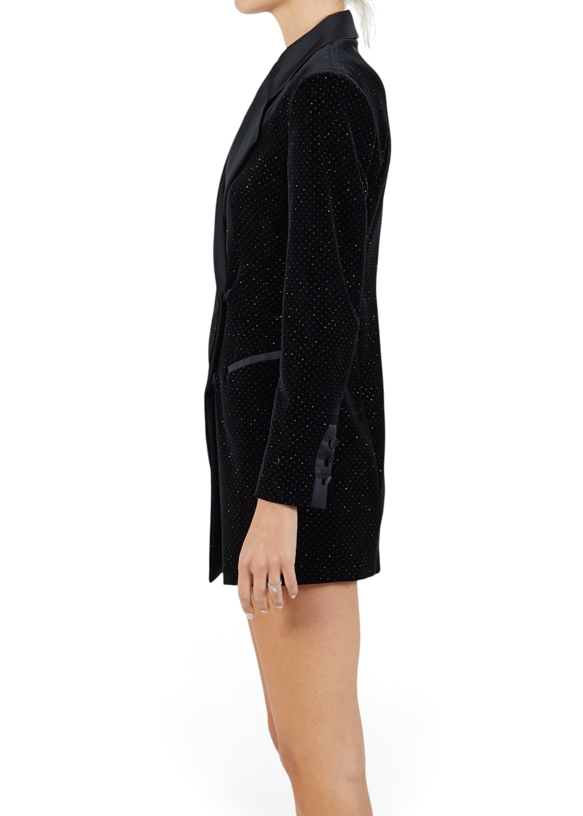 Lost Labels black blazer dress with subtle glitter detail, satin lapels, and button cuffs, side view