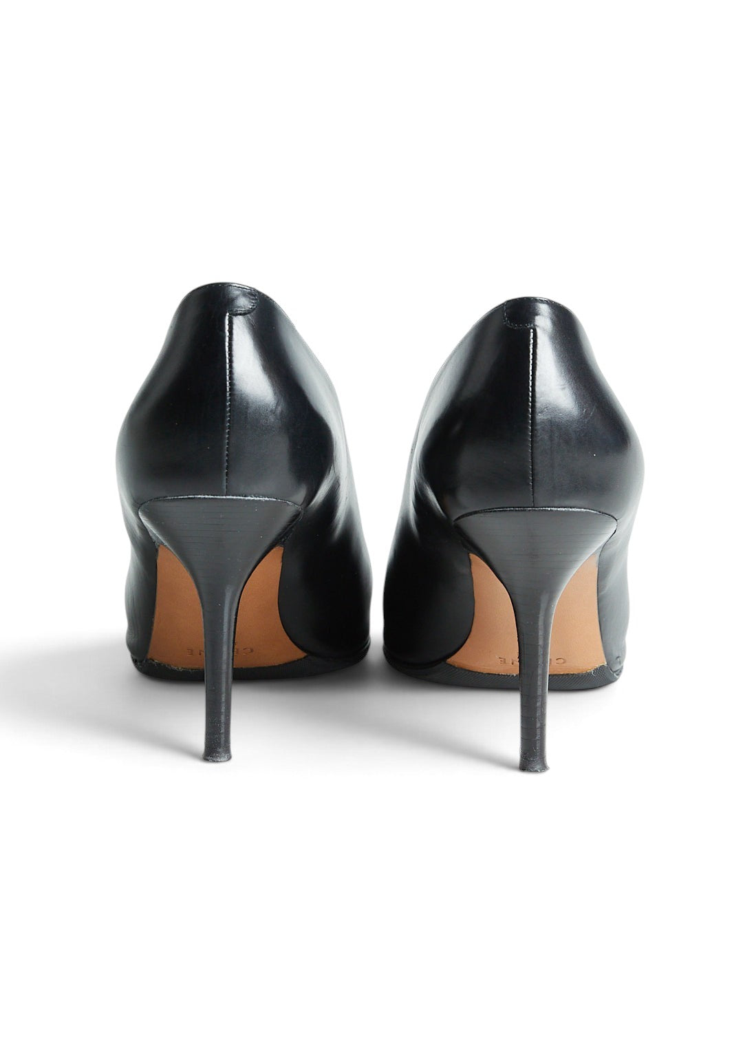 Lost Labels black leather Celine stiletto pumps viewed from the back showing slim heels and smooth finish