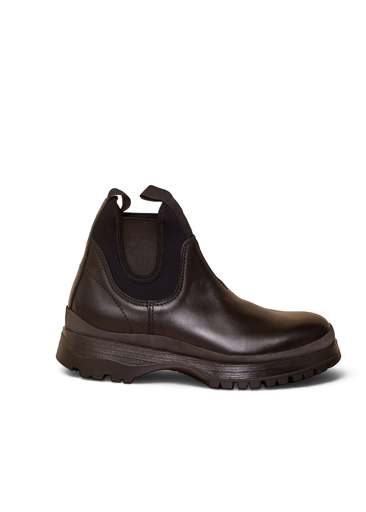 Lost Labels black leather Prada Chelsea boots with a chunky lug sole and elastic side panels