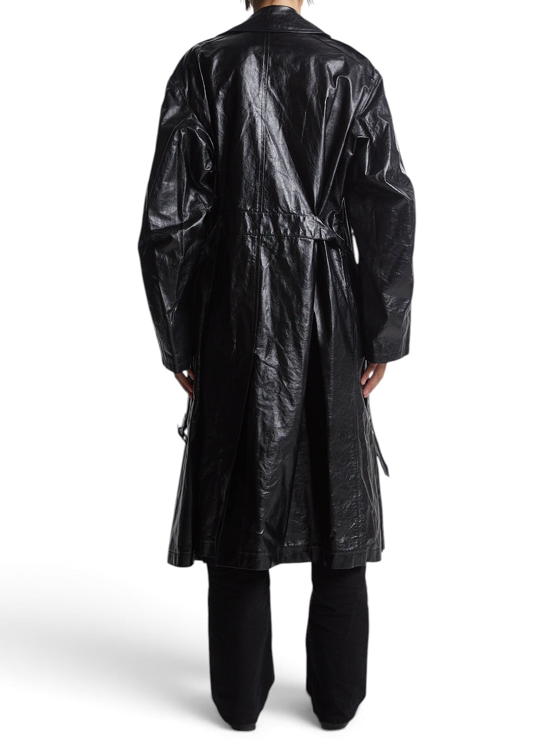 Back view of a Lost Labels Ralph Lauren black crinkled leather trench coat with a longline silhouette