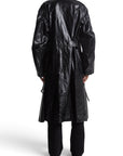Back view of a Lost Labels Ralph Lauren black crinkled leather trench coat with a longline silhouette