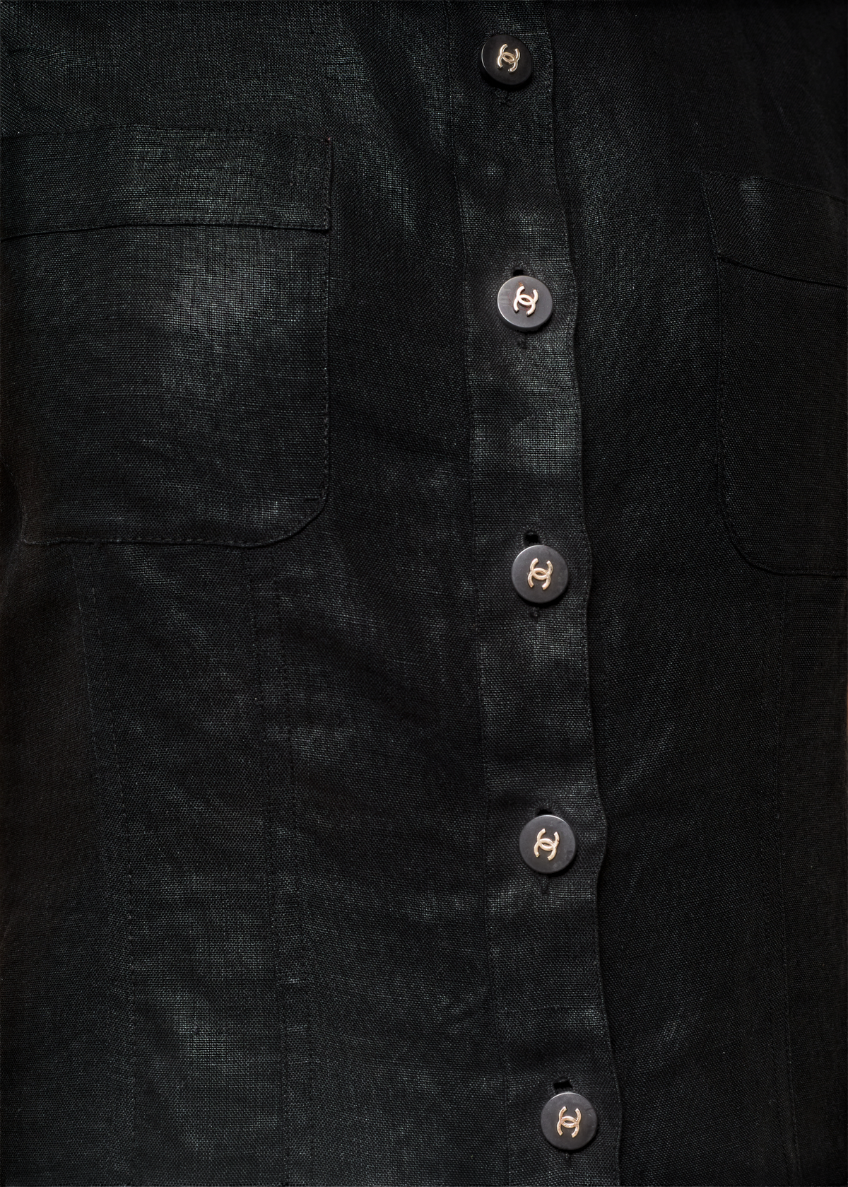 Lost Labels Chanel black linen midi dress featuring signature CC logo buttons and front chest pockets