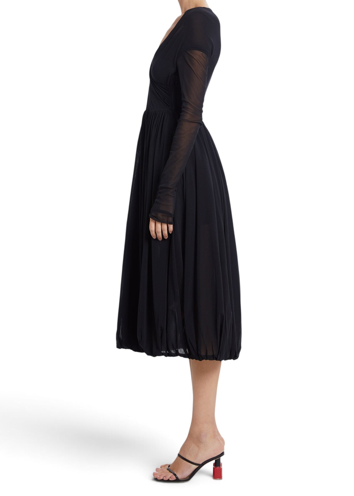 Lost Labels vintage black pleated nylon evening gown with long sheer sleeves, side view