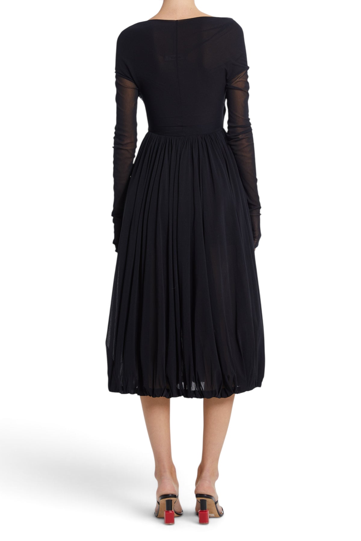Lost Labels vintage black pleated nylon evening gown with long sheer sleeves, back view