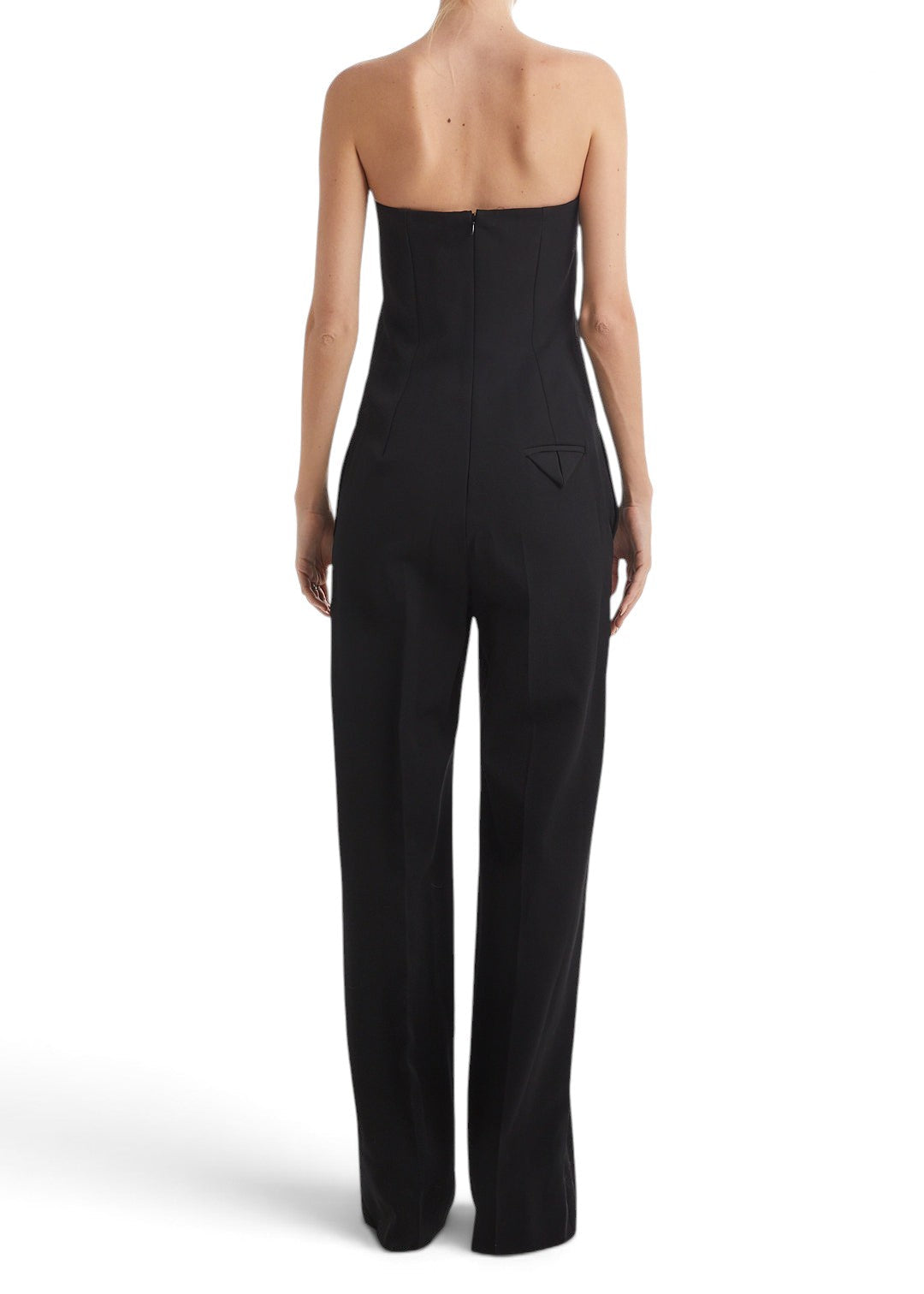 Back view of a Lost Labels black strapless tailored jumpsuit with wide legs and a minimalist design
