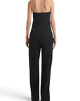 Back view of a Lost Labels black strapless tailored jumpsuit with wide legs and a minimalist design