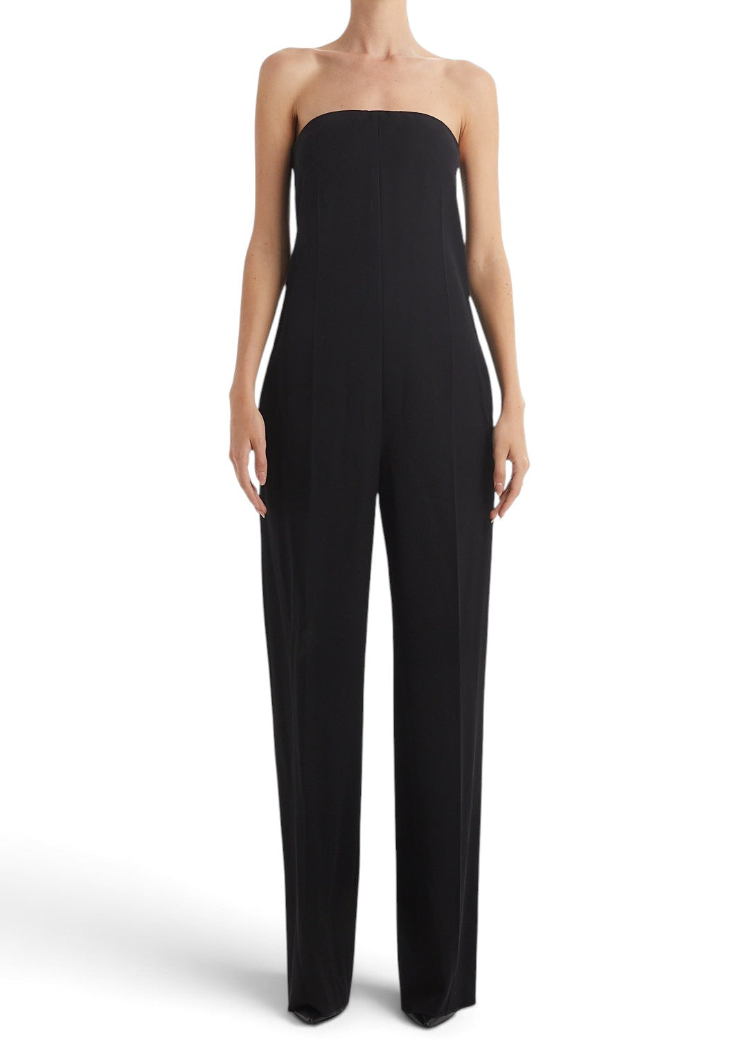 Lost Labels strapless black tailored jumpsuit with a wide-leg silhouette and minimalist design on a model