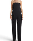 Lost Labels strapless black tailored jumpsuit with a wide-leg silhouette and minimalist design on a model