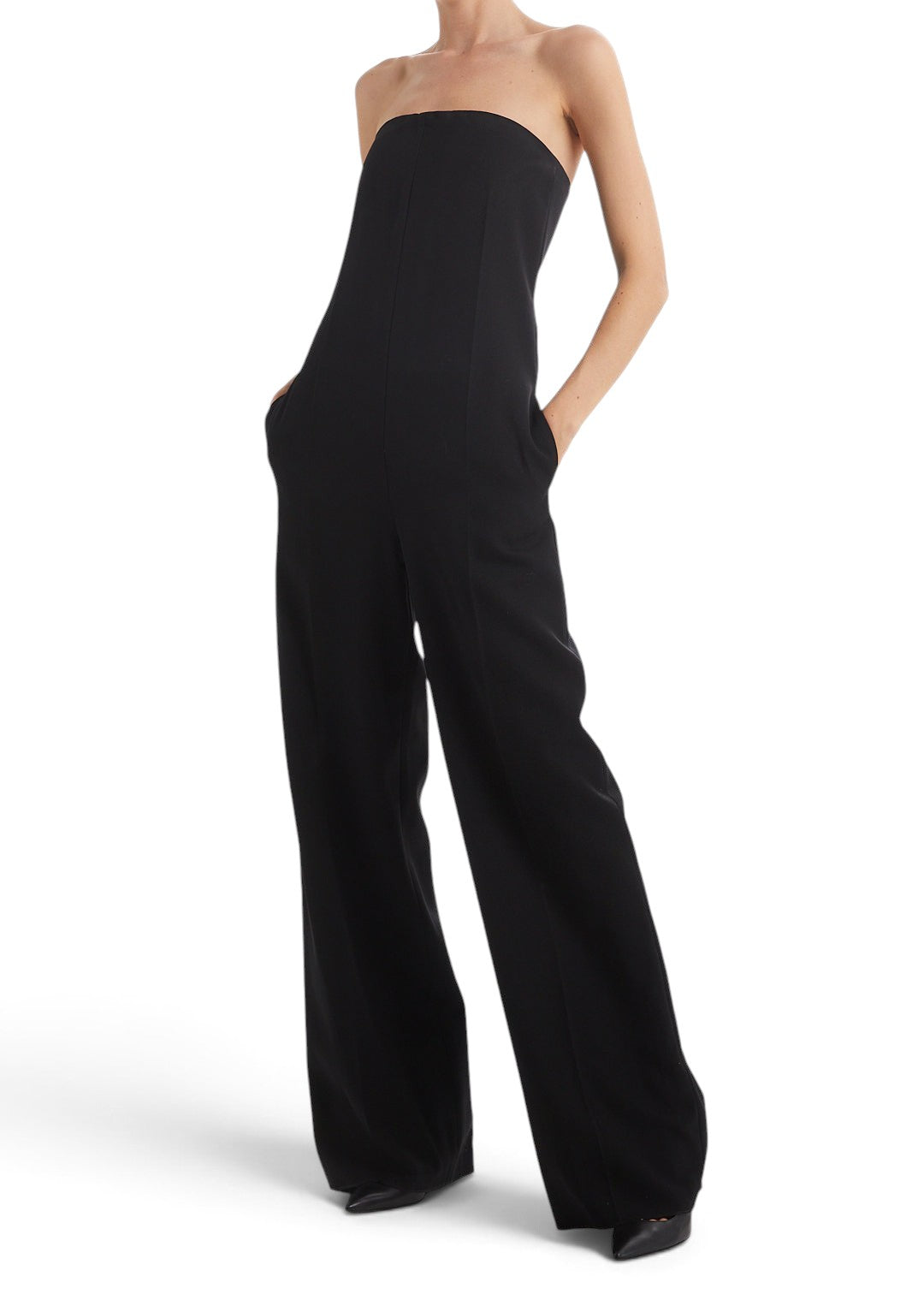 Lost Labels black strapless wide-leg tailored jumpsuit with side pockets on a model against a white background