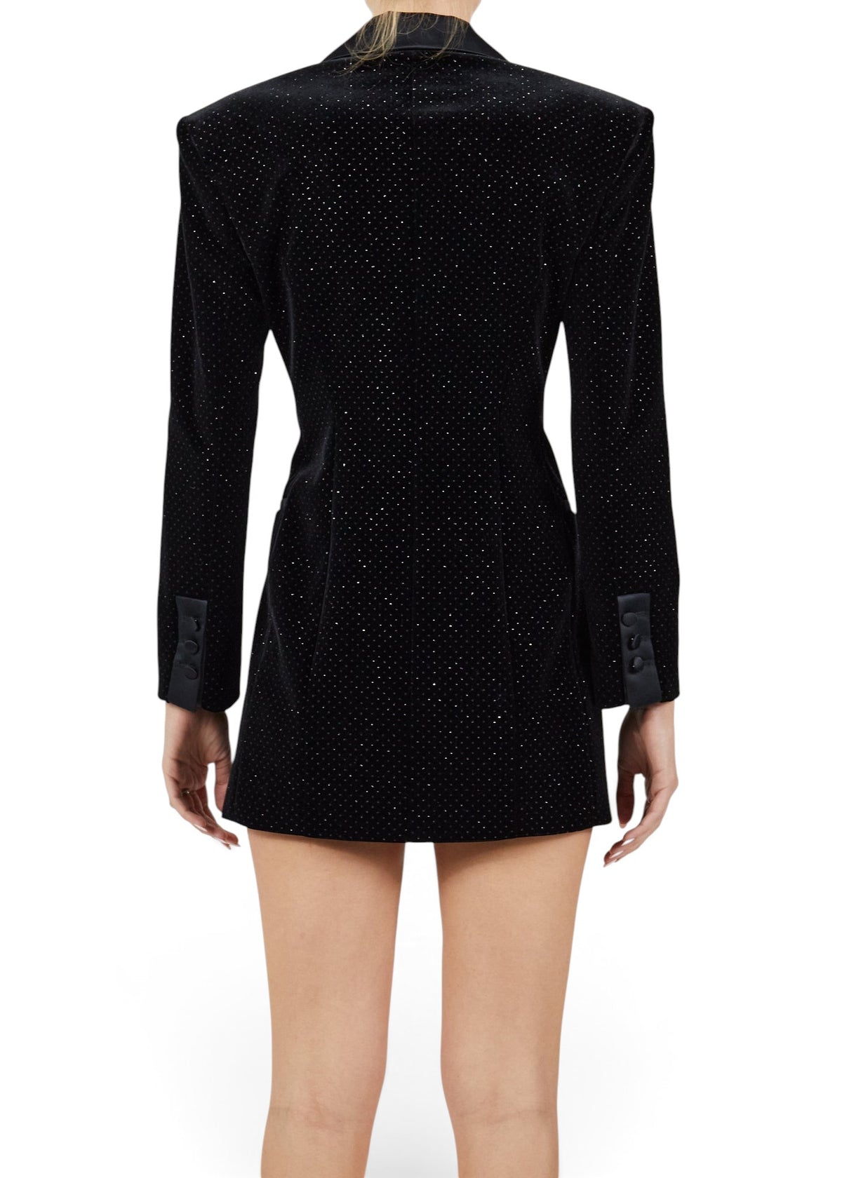 Back view of Lost Labels Redemption black velvet blazer dress with subtle rhinestone embellishments and button cuffs.