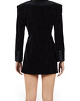 Back view of Lost Labels Redemption black velvet blazer dress with subtle rhinestone embellishments and button cuffs.