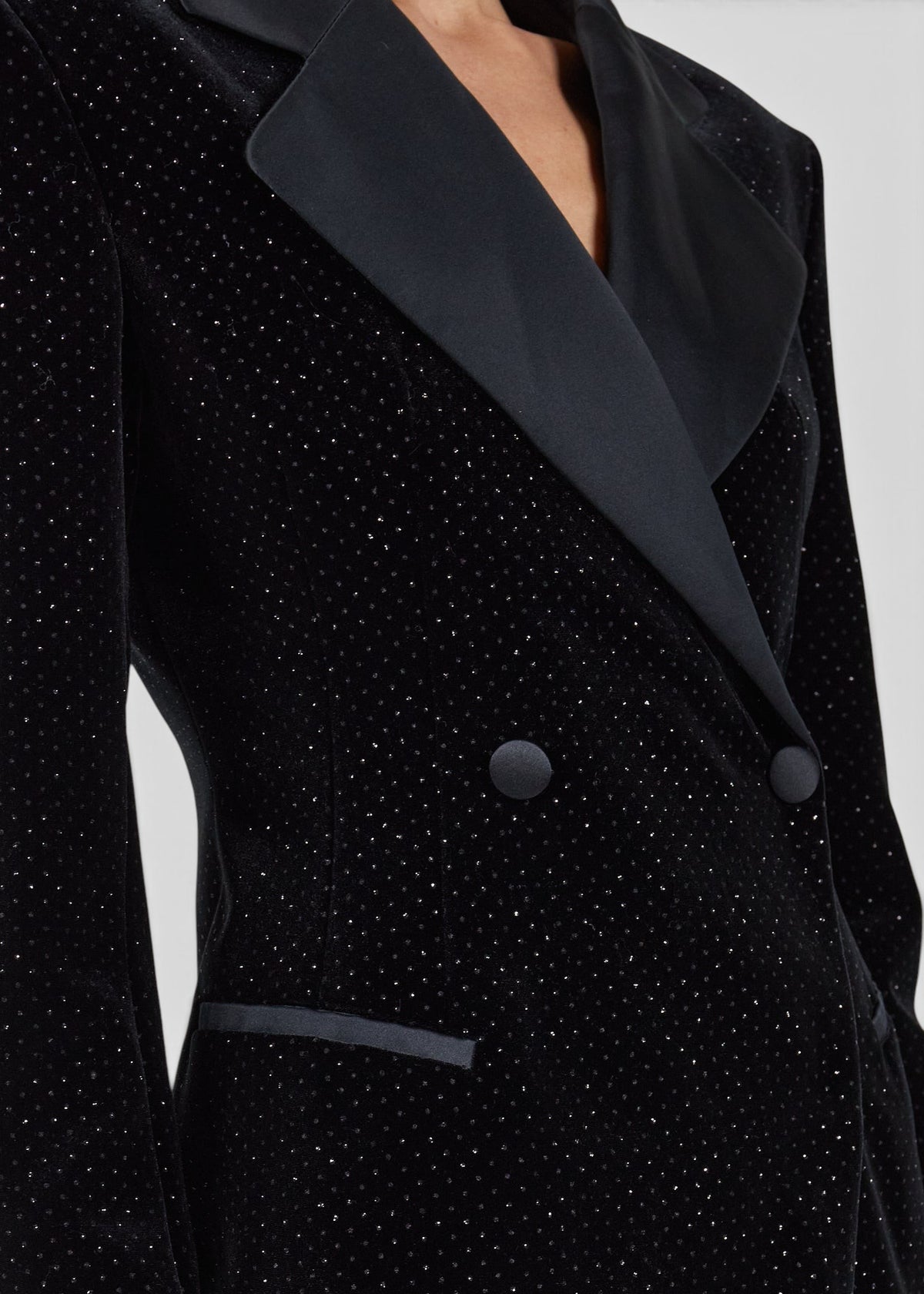 Lost Labels black velvet Redemption blazer dress with satin lapels and subtle shimmering dot details