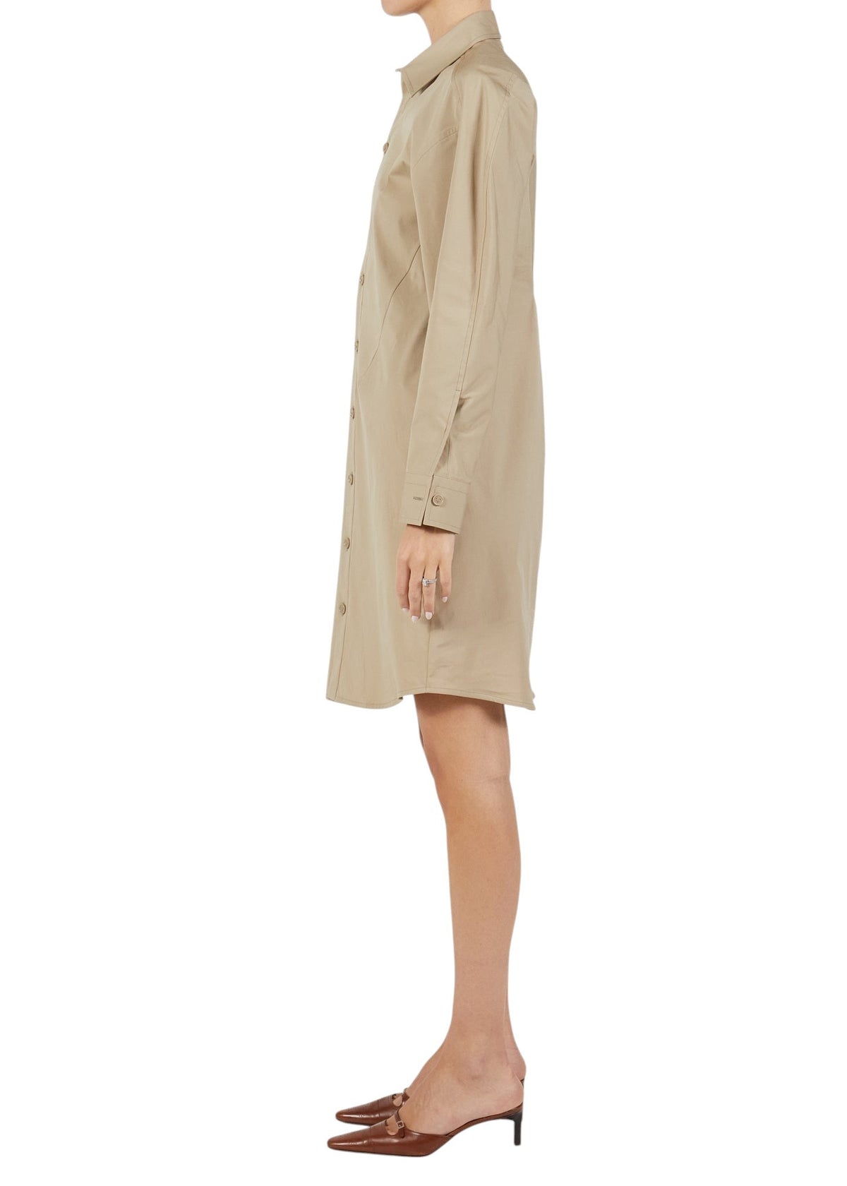 Lost Labels beige Bottega Veneta long sleeve button down shirt dress with architectural waist seaming, side view