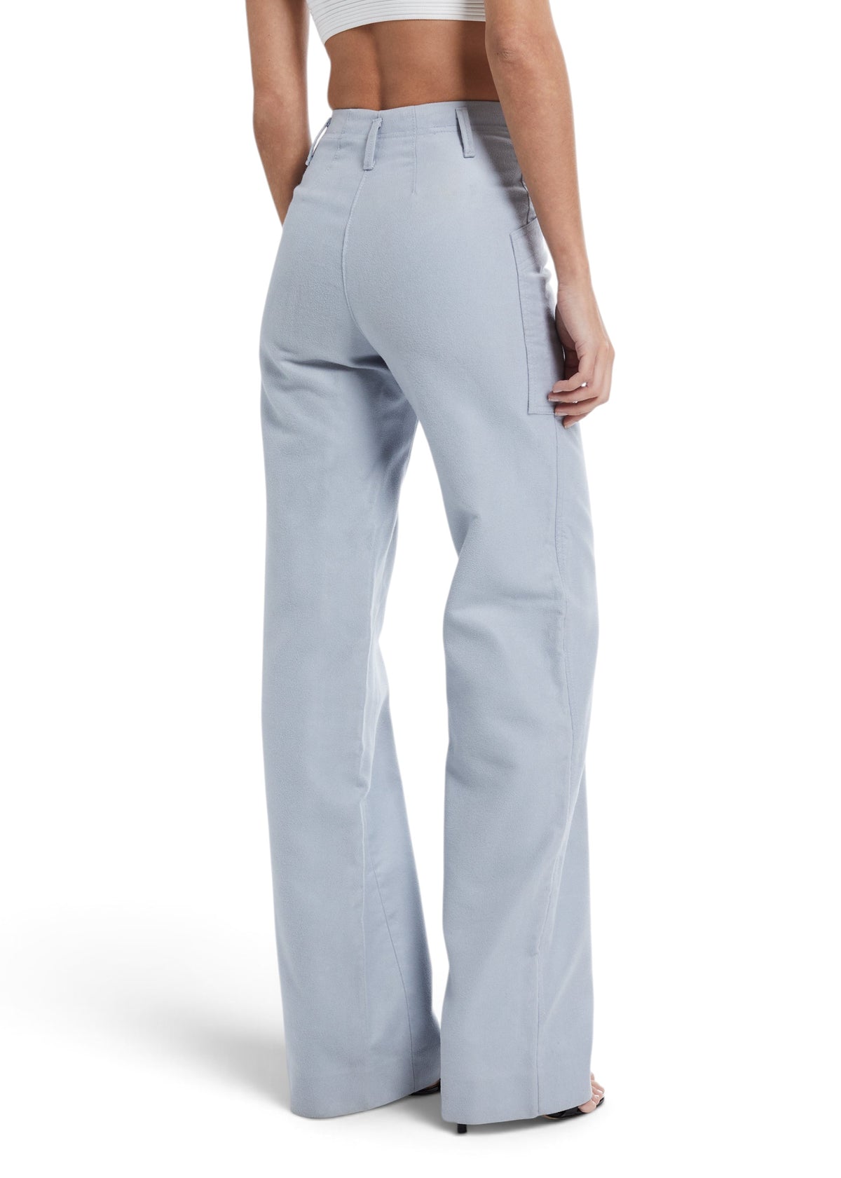 Lost Labels pre-owned Bottega Veneta blue viscose and cotton blend trousers worn by a model, back view